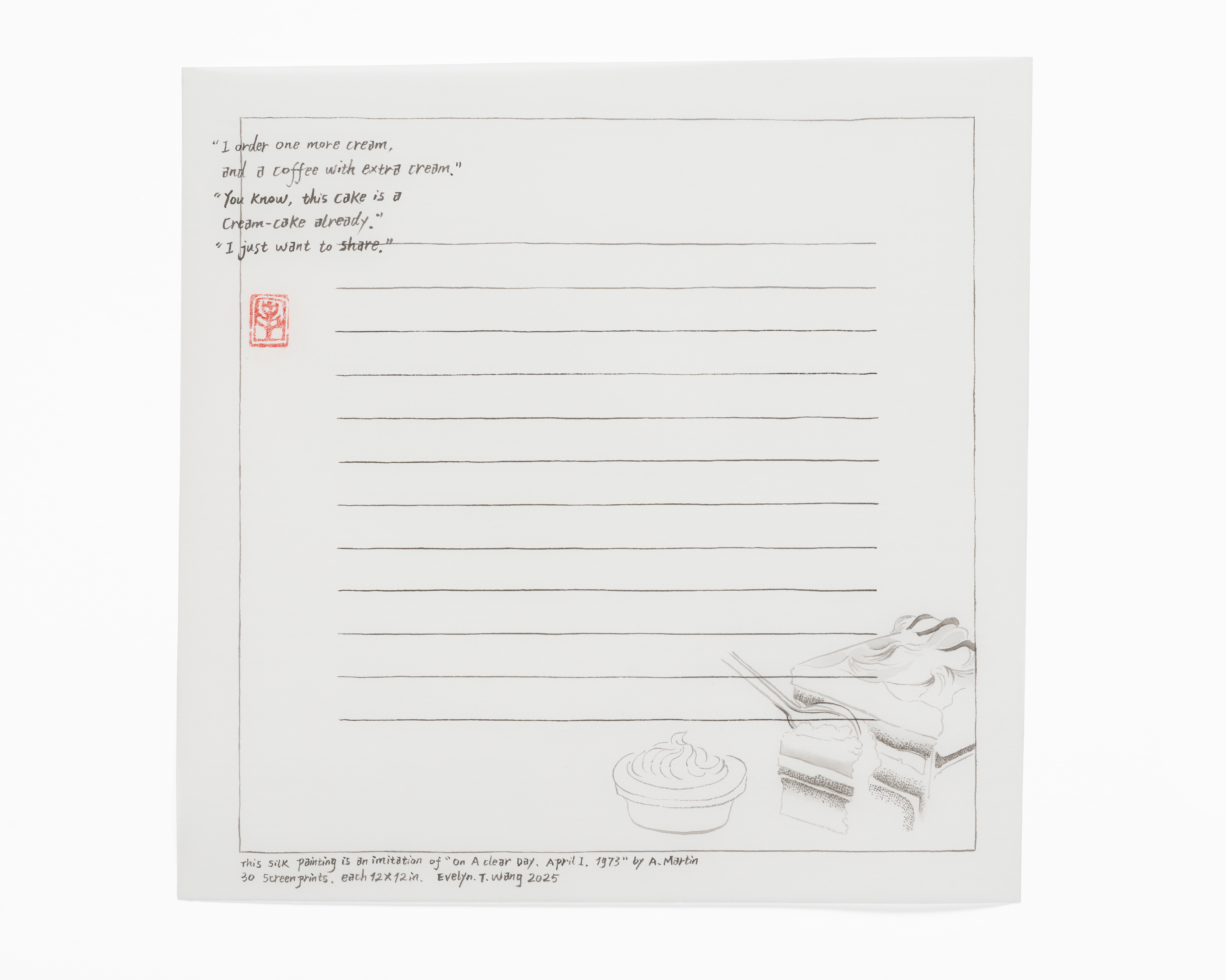 Evelyn Taocheng Wang, Four Season of Cream Cake and Imitation of Agnes Martin - Spring, 2025